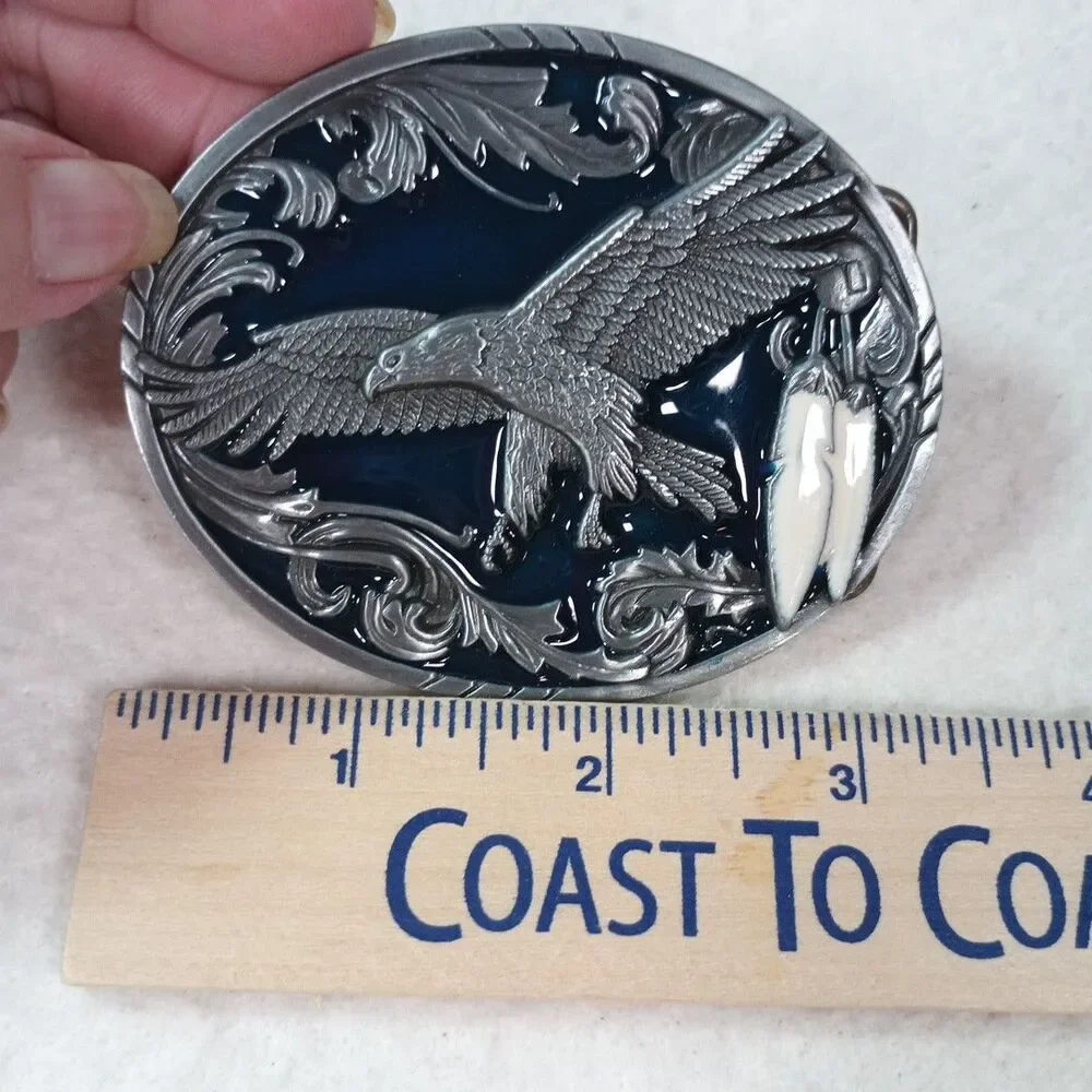 Vintage 90s Flying Eagle Belt Buckle Blue Enamel Western Native Style